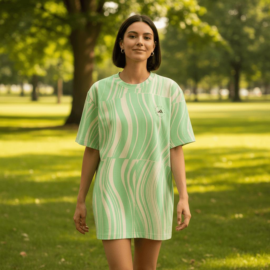 Adidas X Stella McCartney Logo Print Loose Fit Crew Neck Short Sleeve T-Shirt Women Tops Green HR9164