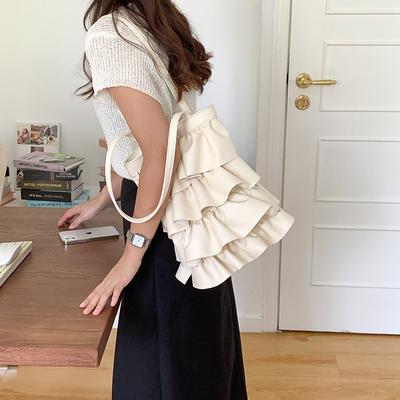 Spring and Summer Personalized Tote Bag Large Capacity Shoulder Bag Women's Niche Lotus Leaf Lace Pleated Armpit Bag High Sense