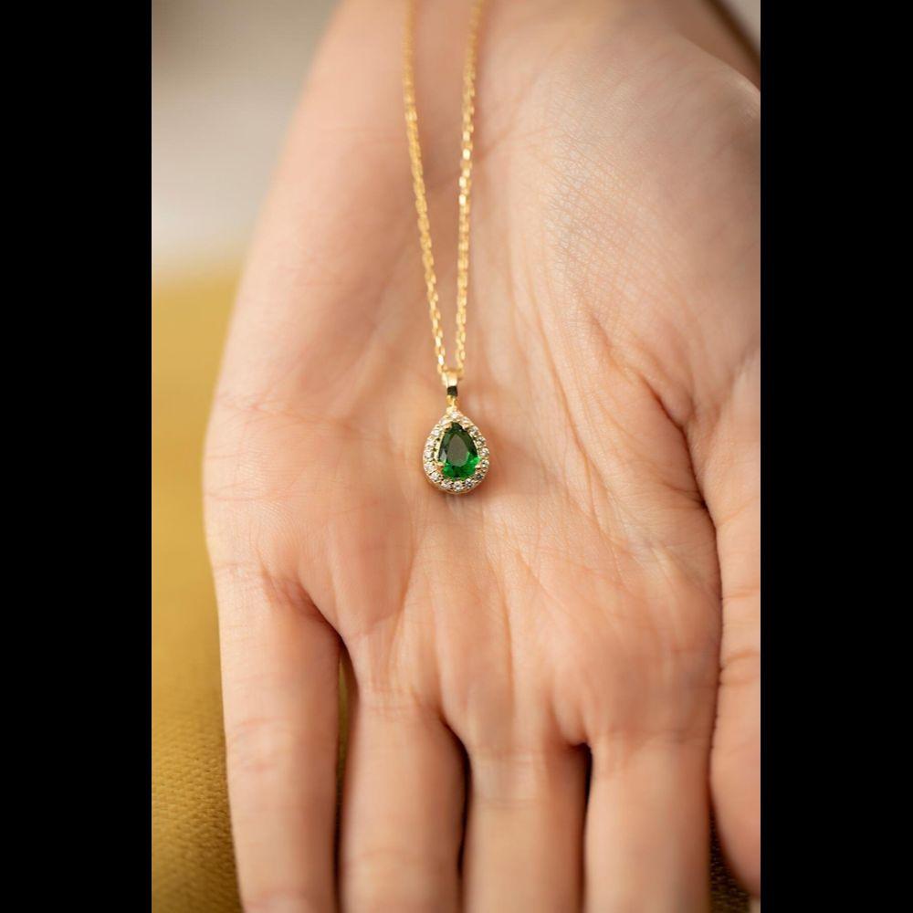 Drop Model Emerald Stone Gold Plated Sterling Silver Italian Necklace
