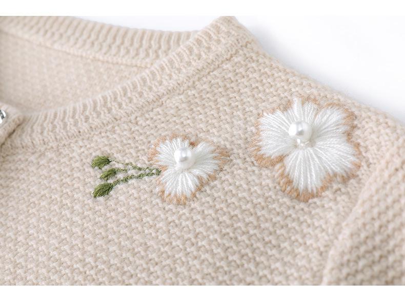 Women's Round Neck Wool Knit Cardigan - Autumn/Winter Handmade Embroidered Cashmere Coat, Thickened Long Sleeve Waffle Design
