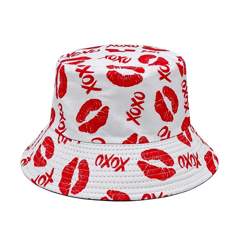 

Red Lips Printing Bucket Hat Love Heart Graffiti Pattern Fisherman Hats Double Sides Panama Cap Summer Sunscreen Outdoor 56-58cm