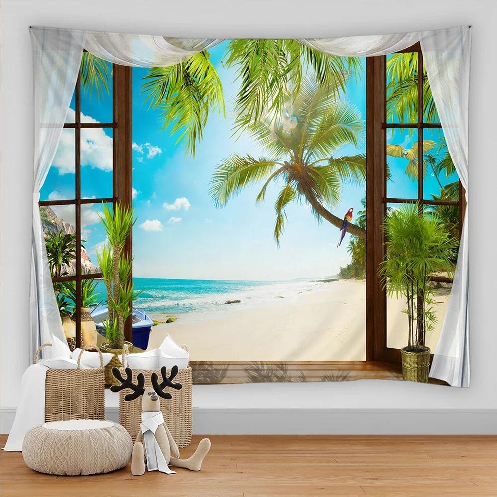Bohemian Style 3D Window View Decorative Tapestry Hippie Wall Decoration Tapestry Bedroom Dormitory