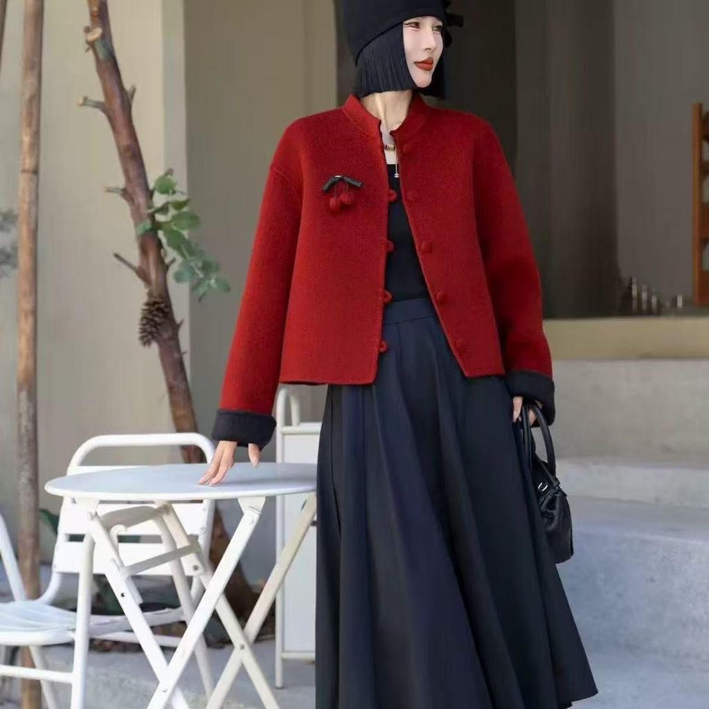 2025 Chinese Style Double-Sided Wool Coat for Women - Short, Elegant, Modern Design for Petite Frames