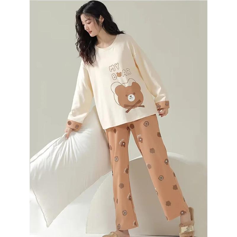 Set Pigiama da Donna Orso Cartone Animato Top a Maniche Lunghe e Pantaloni Due Pezzi Abbigliamento da Notte Loungewear Girocollo Abbigliamento da Notte da Donna Abbigliamento da Casa