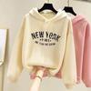 Korean Style Women's Fleece-Lined Hooded Sweatshirt, Plus Size, Loose Fit, Long-Sleeved, for Autumn and Winter.