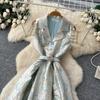 Elegant temperament style suit collar jacquard dress women's summer sleeveless strap waist thin A-shaped long dress