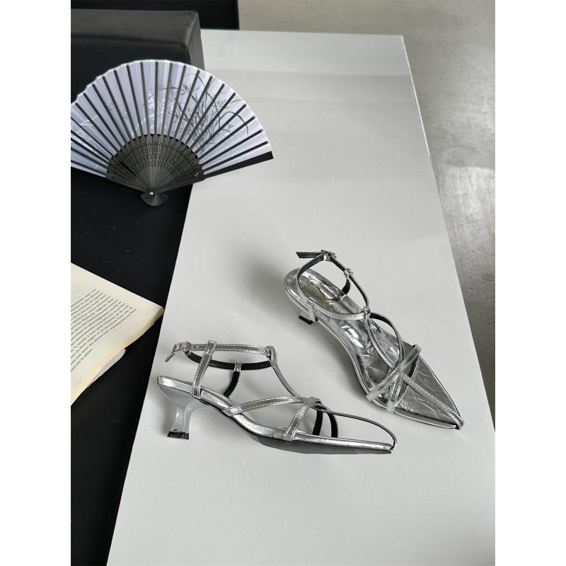 

2025 spring and autumn new French pointed one-word buckle with low-heeled sandals feminine temperament thin belt fairy sandals 39 серебряный