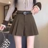 Vintage Winter Pleated Mini Skirt Women Streetwear High Waist Woolen Cute Skater Skirts with Shorts Belt Grey Black Skirt Women
