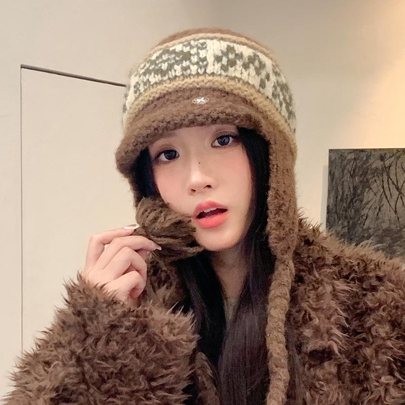 Women's Knitted Wool Lei Feng Hat with Large Brim and Ear Protection for Winter Warmth