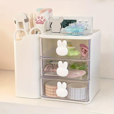 3-Layer Drawer Desk Organizer, Multi-Functional Office Stationery Holder with Cute Rabbit-Shaped Pulls, PP Material