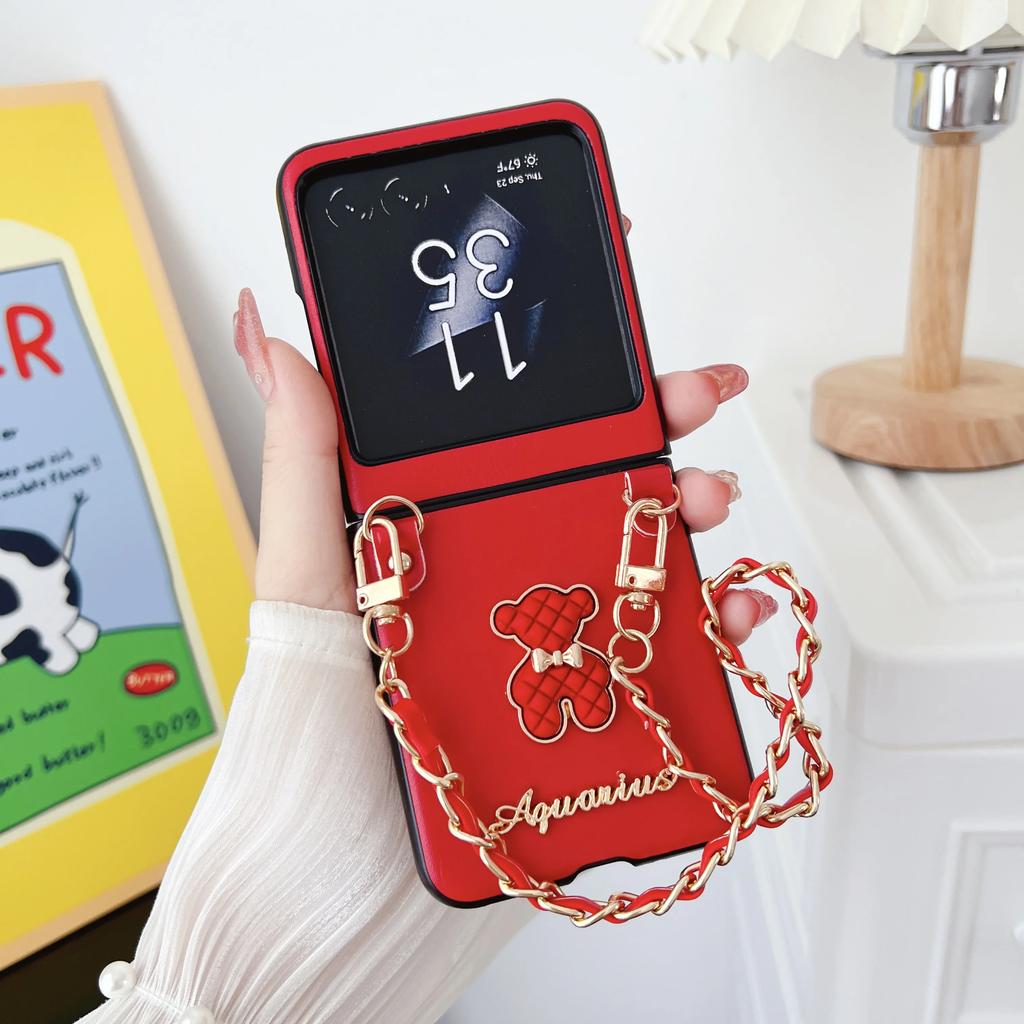 Grid Pattern Lambskin Cute Little Bear Wrist Strap PU Leather Phone Case for Motorola Razr 60 Pro 50 40 Ultra Shockproof Cover