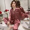 Womens Silk Satin Set Long Sleeve Sleepwear Suit Female Sleep Two Piece Set Loungewear Plus Size