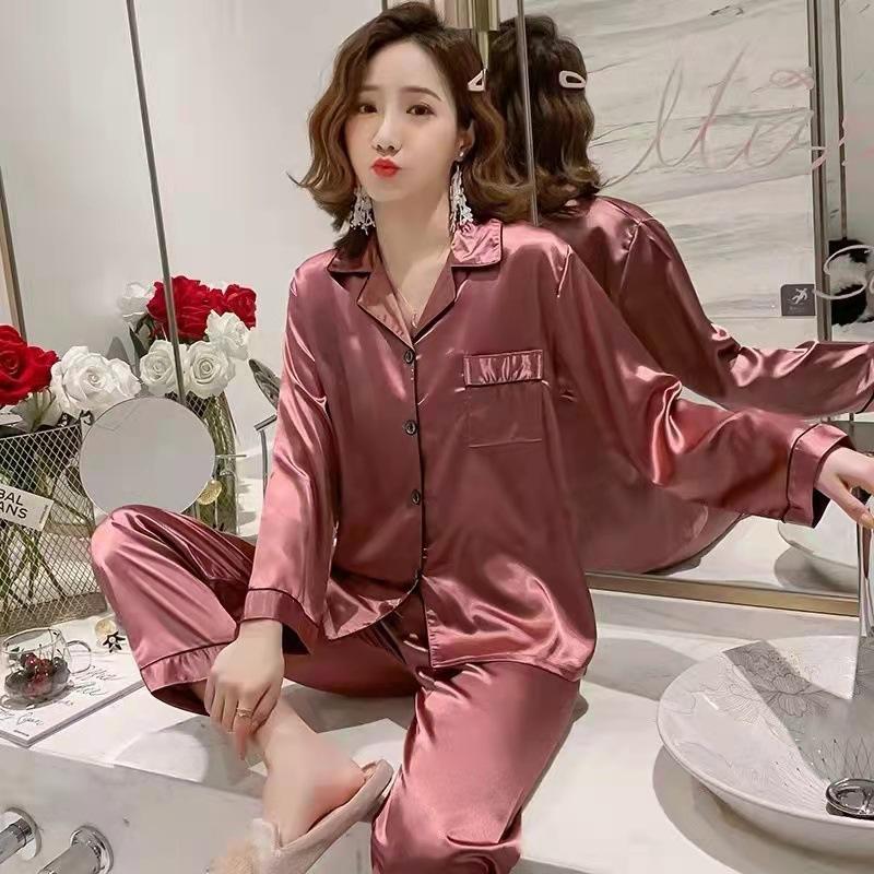 Womens Silk Satin Set Long Sleeve Sleepwear Suit Female Sleep Two Piece Set Loungewear Plus Size