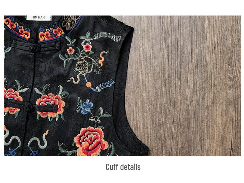 Frühlings-Ethno-Damenweste: Retro Floral Stickerei Mittellange Weste