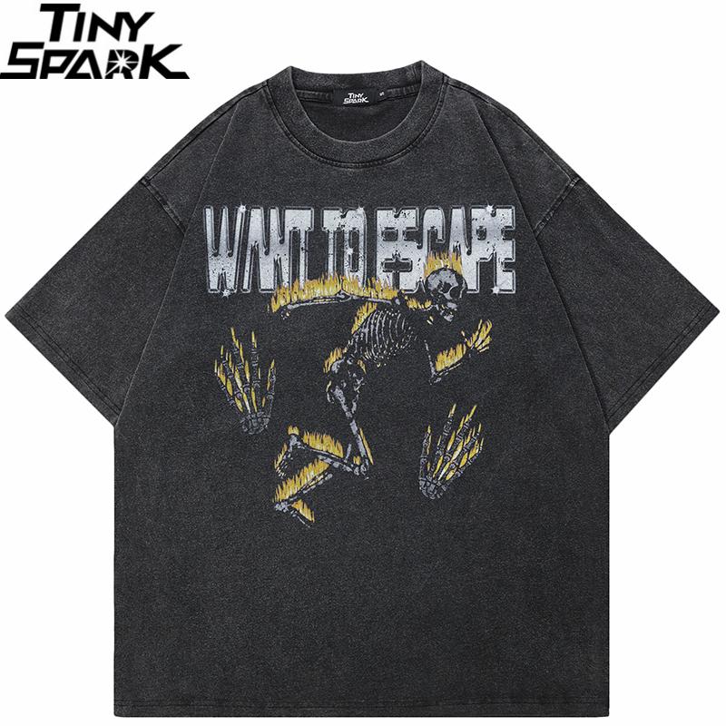Hip Hop Washed Black TShirt Streetwear Flame Running Skeleton Skull Graphic T Shirt Cotton Men Tshirt Unisex Tops Tees S разноцветный