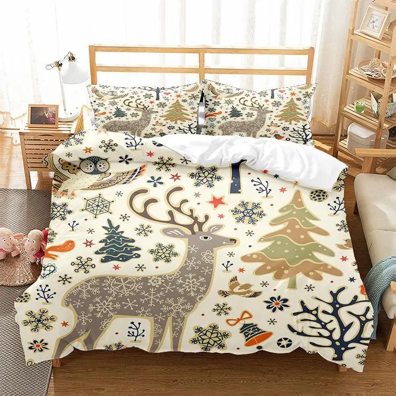 Christmas Elk Duvet Cover Set King Queen Full Twin Size Soft Christmas Trees Snowflake Decor Holiday Bedding Set Comforter Cover