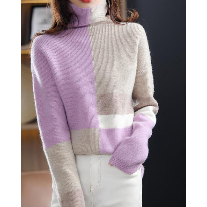 High-necked contrasting pullover sweater with new autumn and winter temperament commuting soft waxy bottoming knitted sweater for women