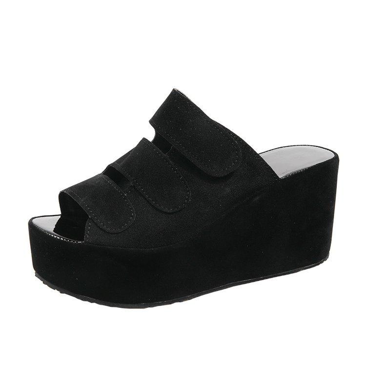 Foreign trade summer one-word drag muffin wedge heel waterproof table fish mouth cool slippers hollow inner height increase thick-soled high heels wom