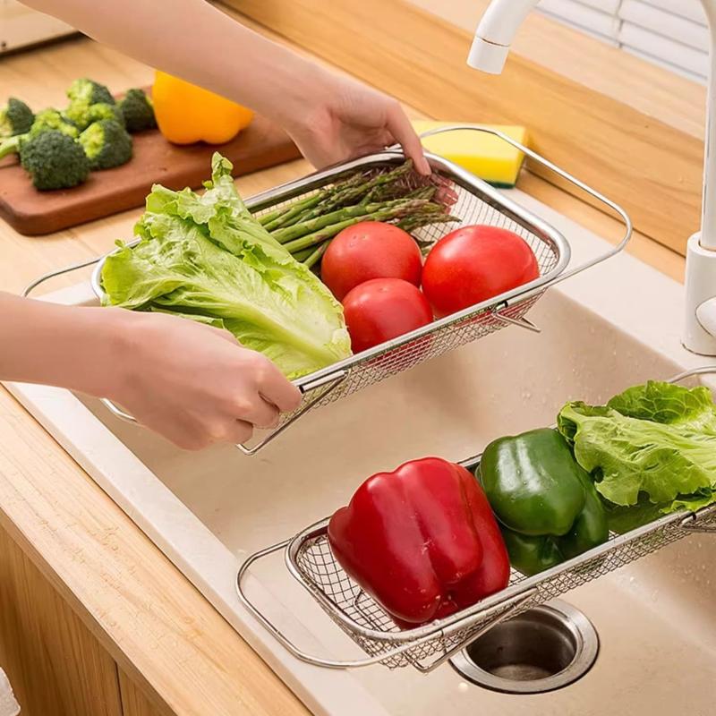 Cesta de Drenagem em Aço Inoxidável Pia de Cozinha Retrátil Bacia para Lavar Vegetais Escorredor de Louça Escorredor de Talheres