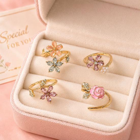 4Pcs/Set Adjustable Ring Set, Pink Flower Multi-Petal Design Finger Ring, Stackable Multi-piece Ring Set for Jewelry Gift