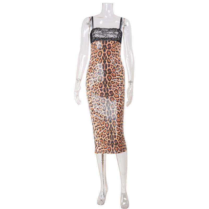 2026 new European and American fashion lace splicing tube top suspender leopard print sequined banquet dress temperament dress S цветной печати леопарда
