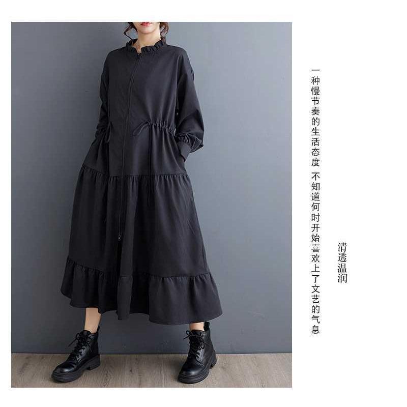 New Loose Retro Fashion Pleated Splicing Mid-Length Zipper Style Dresses