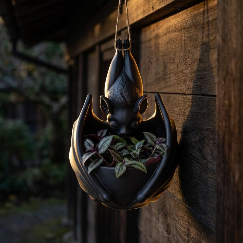 3D Printing Gothic Style Bat Hanging Planter Creative Whimsical Hanging Planter Black Plastic Bat Wing Flowerpot