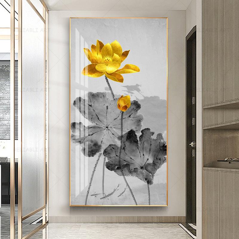 Abstract Flower Picture Canvas Painting New Chinese Golden Luxury Lotus Posters and Prints Wall Picture for Porch Home Decor