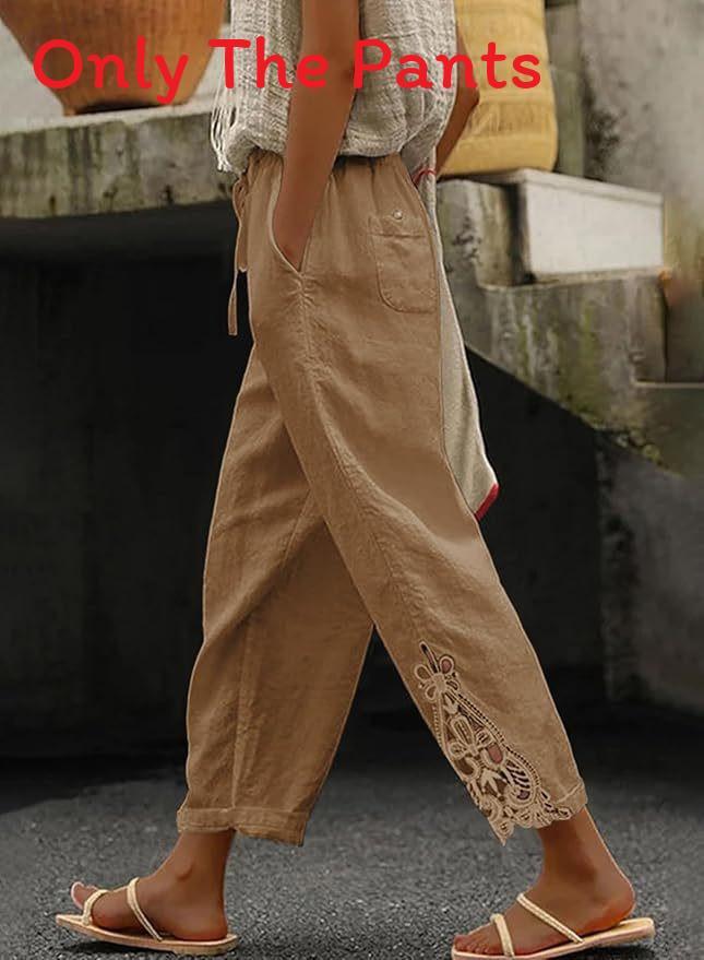 Casual Cotton Pants With Lace Patchwork And High Waist For Womens Fall Fashion