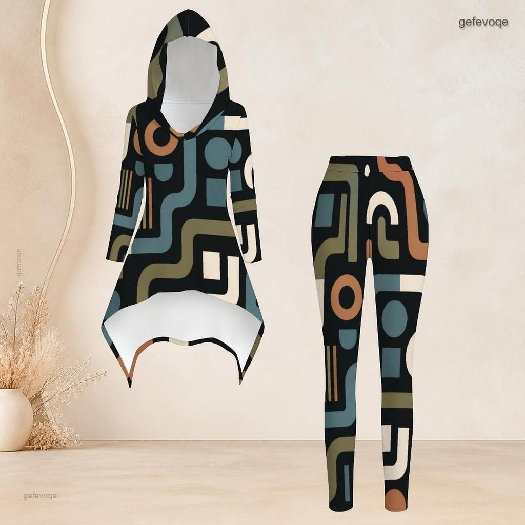 Women Plus Size Two Piece Set Hooded Long Sleeve Abstract Printed High Low Top And Fitted Pants