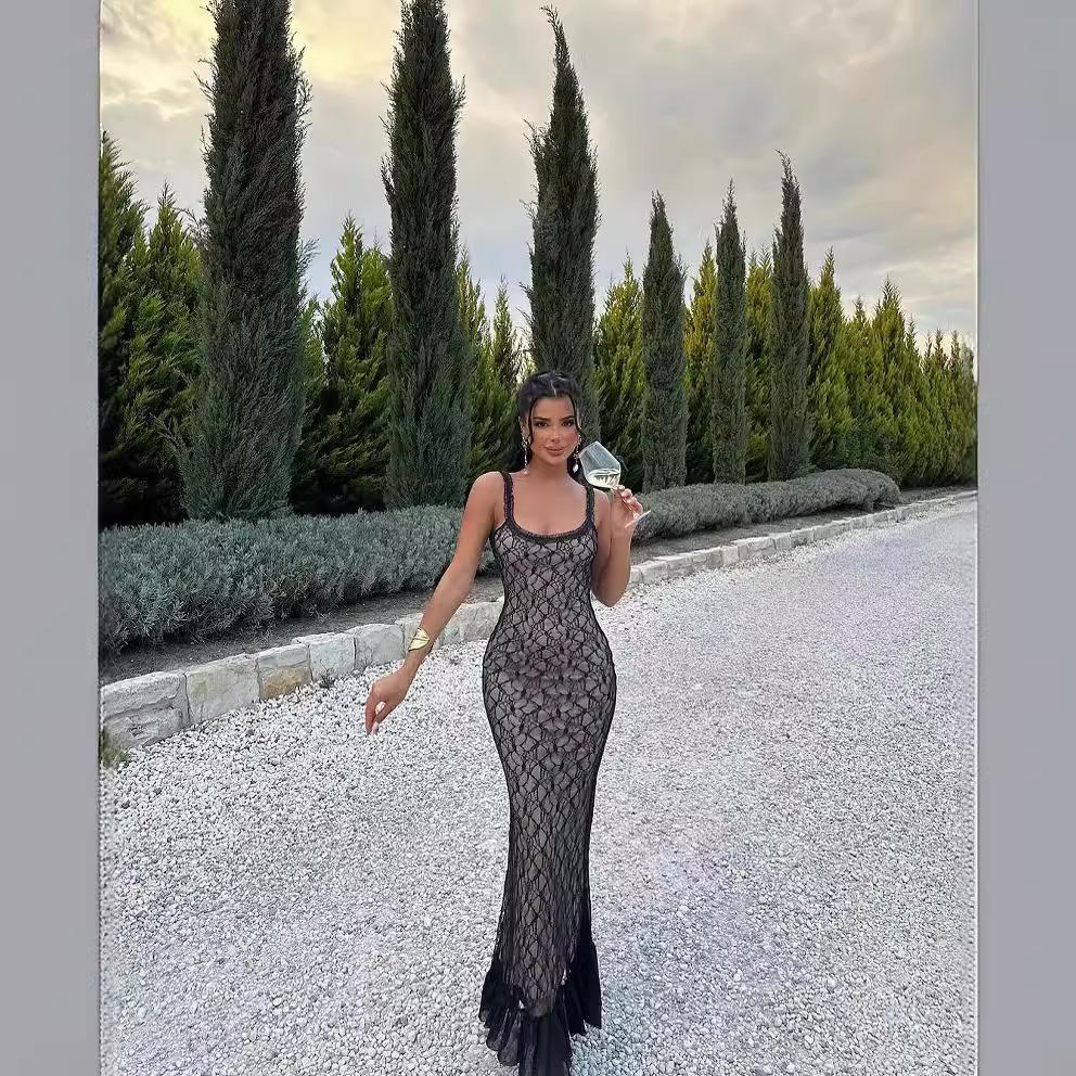 Popular Sexy Suspender Lace Perspective Slim Fit Hip Wrap Women's Dress
