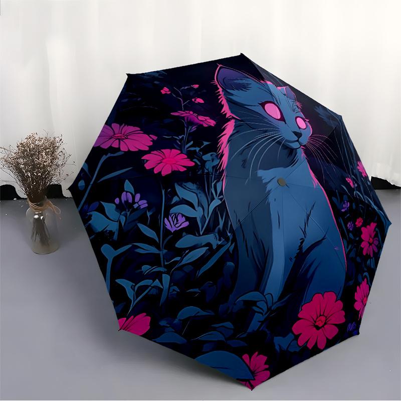 1pc Neon Cat Midnight Flowers Automatic Open/close Umbrella, 8-Rib sturdy structure, Portable Travel Umbrella, Parties, Everyday Use,23
