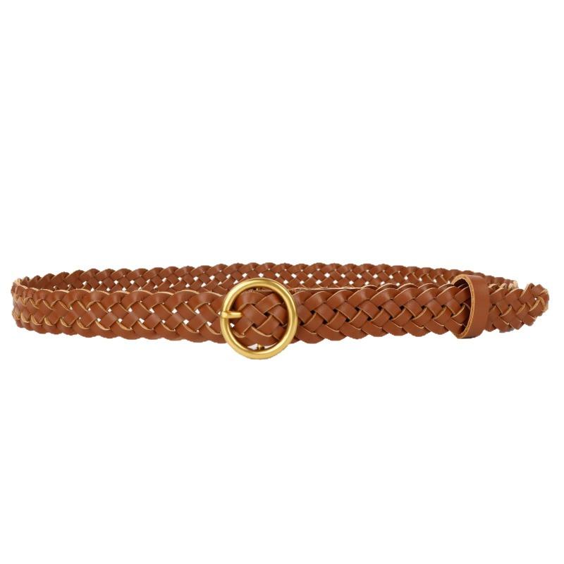 Mei Mary Handmade Braided Leather Belt - Top Grain Cowhide Vintage Double-sided Prong Buckle - Gold-plated Fashion Round Buckle Women's Belt