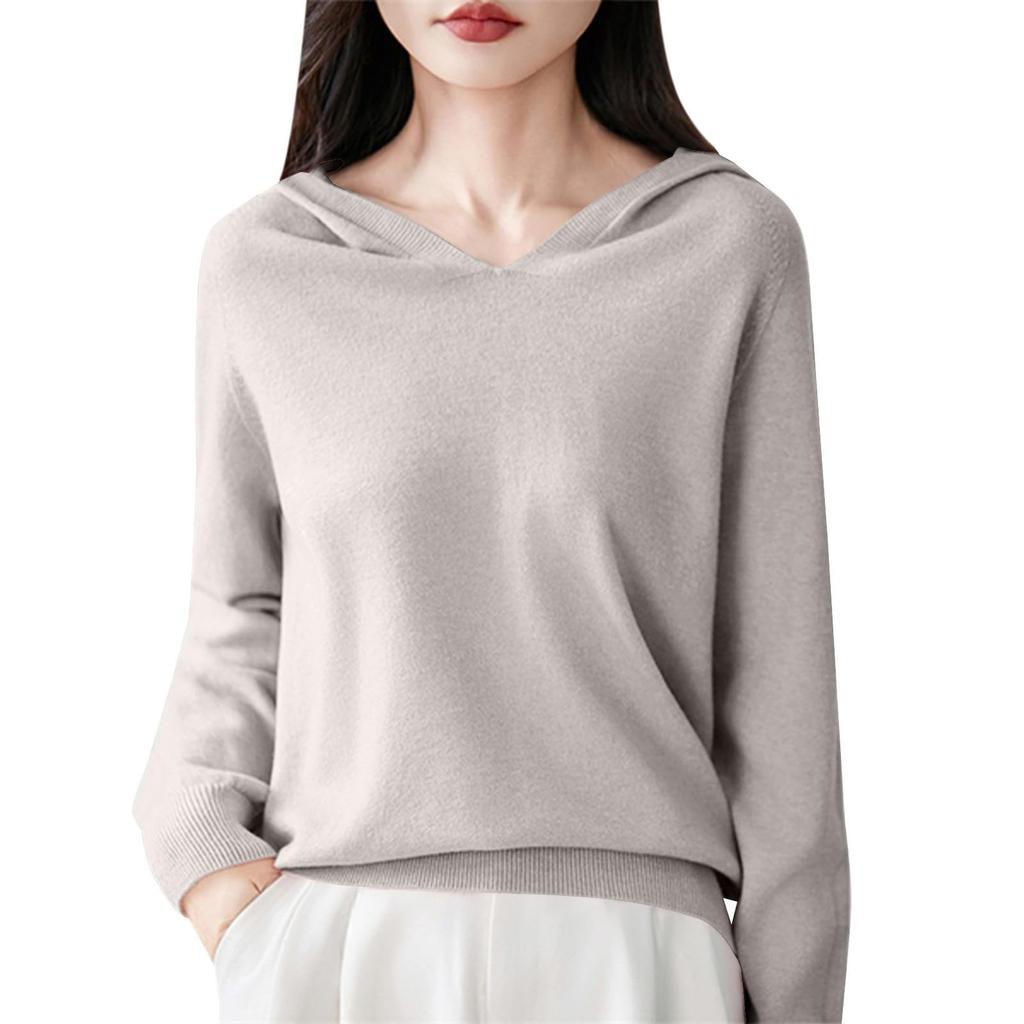 Women's Fashion Long-Sleeved -Colour V-Neck Hooded Knitted Sweater Warm Sweatshirt Knitwear