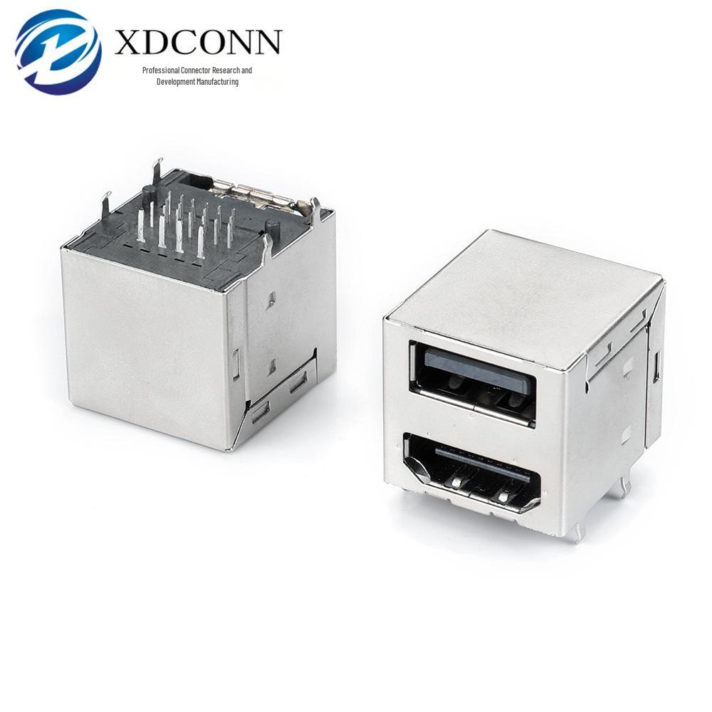 USB 2.0 AF + HDMI Female 90° Two-in-One Socket, Double Layer, 20.6mm DIP with Pins