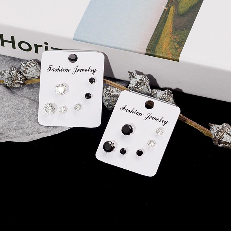 Simple Geometric Diamond-Set Earrings Set 3 Pairs Of Black And White Diamond Stud Earrings, Small Goods.