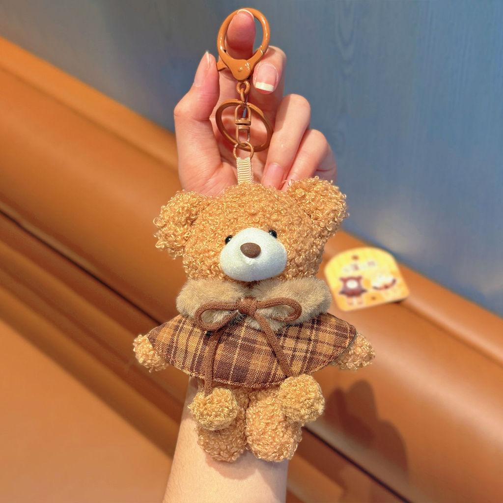 Cute Plush Bear Keychain With Checkered Cape Design For Gift And Bag Decoration