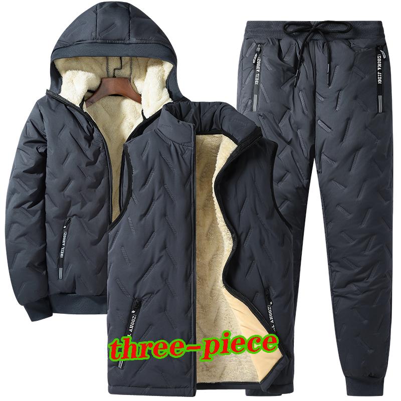 

Осенне-зимний мужской ветрозащитный и теплый костюм, уличная теплая куртка с капюшоном и жилет и теплые повседневные хлопковые брюки, набор из трех предметов XXXL серый