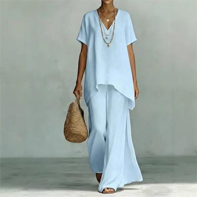 Fashion Loose Cotton Linen Short-sleeved Trousers 2 Piece Set Women Summer Casual V-neck Retro Female Wide-leg Trousers Suit