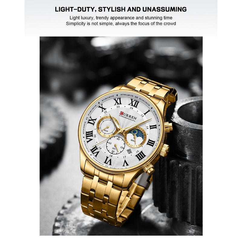 CURREN Noul ceas pentru bărbați de top Business Ceas cu curea din oțel, calendar de cuarț, cronograf cu șase ace, instrucțiuni