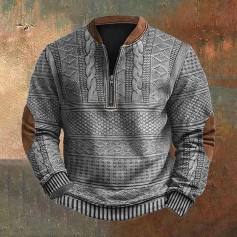 Fall Winter Men Sweatshirt Half Zipper Rhombus Texture Patchwork Round Neck Pullover Long Sleeves Daily Outdoor Sports Top