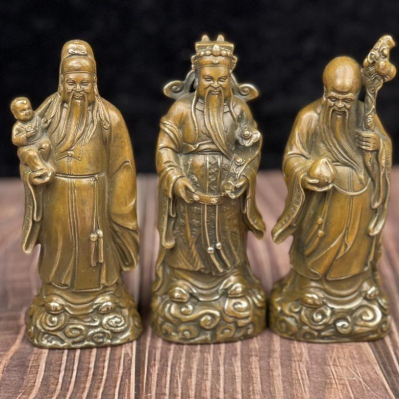 Antique Copper Fortune, Prosperity, Longevity, And Happiness Figurines Statue Ornaments God Of Wealth Home Worship Buddha