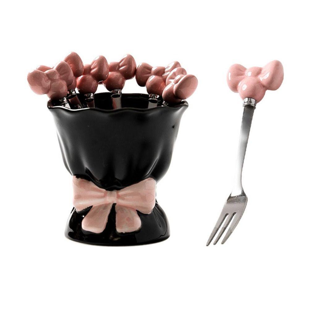 Bowknot Ceramic Fruit Forks Set Creative Solid Color Ceramic Fruit Forks Receipt Jar Ins Style Household