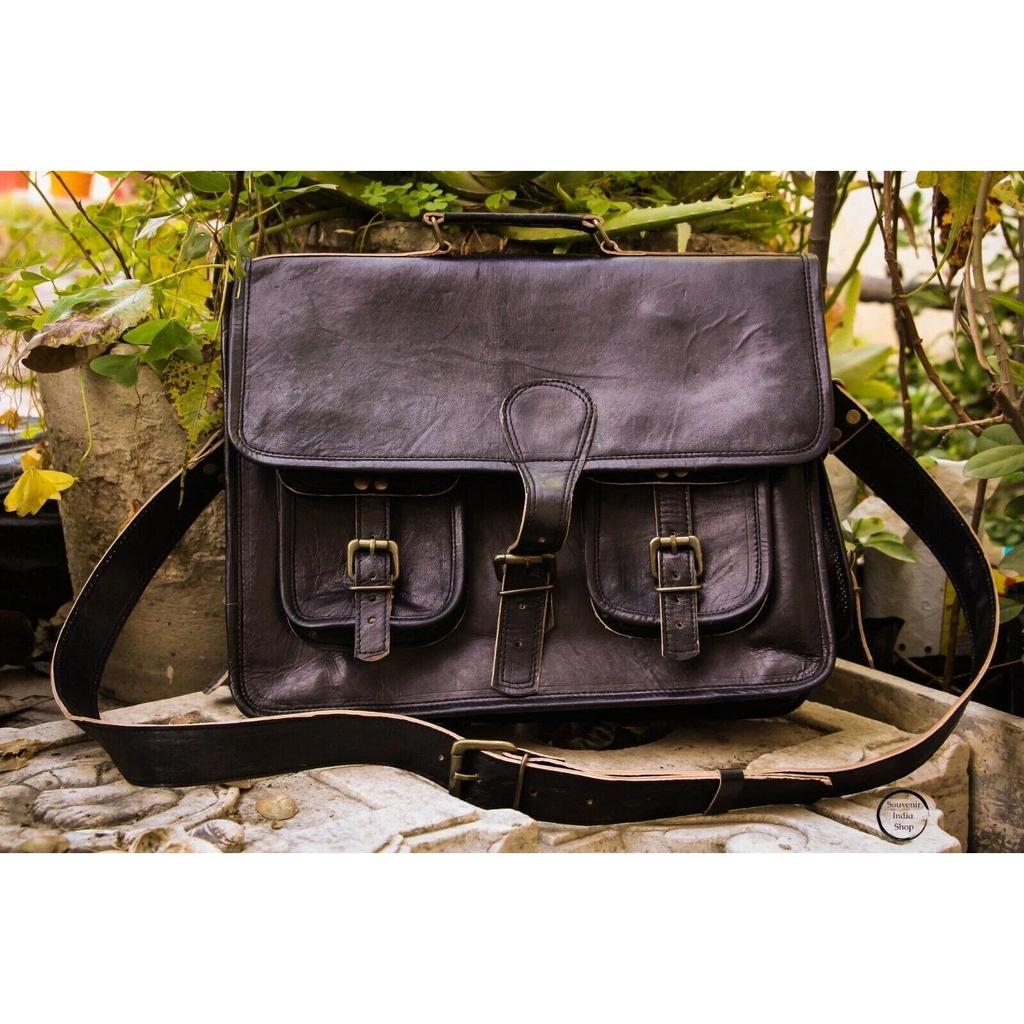Mens Genuine Vintage Large Black Leather Shoulder Messenger Laptop Bag Briefcase