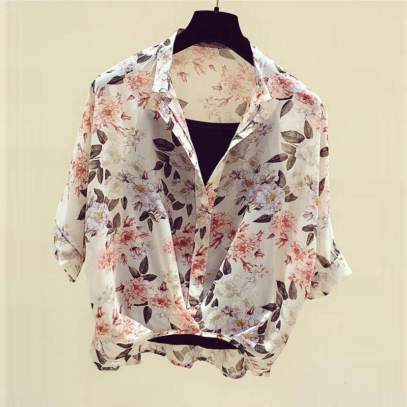 Chiffon Shirt Two-piece Women's Summer Loose Short-sleeved Waist Top Floral Fashion Small Shirt
