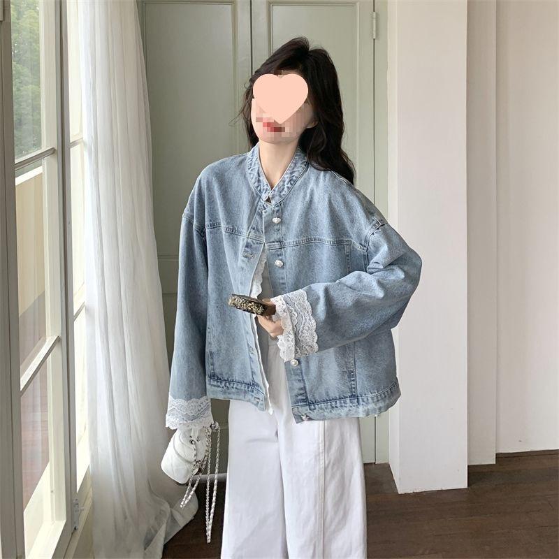 Women's Lace Patchwork Denim Jacket: Spring/Autumn 2025, Trendy Korean Style, Casual and Stylish.