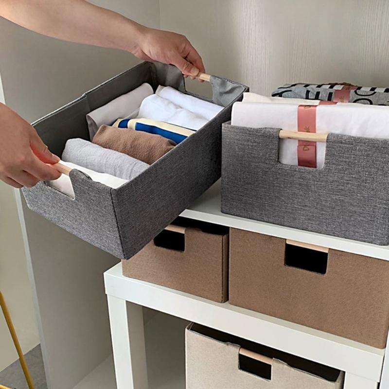 Sturdy Fabric Storage Bin With Reinforced Bottom Wooden Handles for Bedroom Office