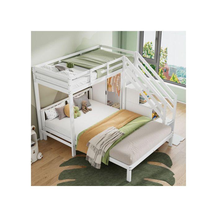 Lit superposé - MUVOE - 90*200 cm + 140*200 cm - Bois massif - Blanc - Avec armoire