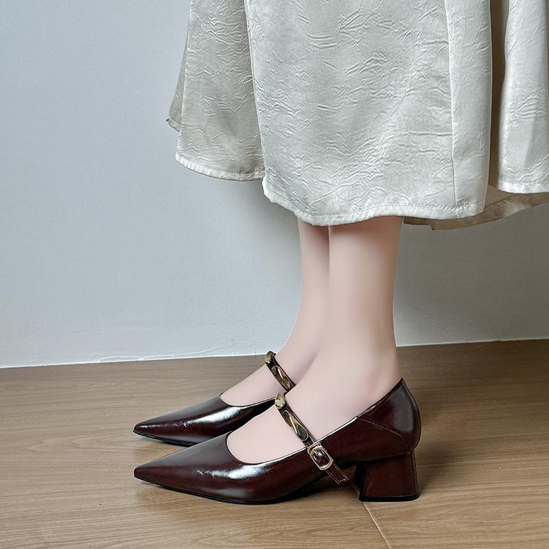 

Leisure Classic Pumps for Women Buckle Strap Hoof Mid Heels Pointed Toe Women Shoes Solid Metal Decoration Summer Shoes 35 чёрный