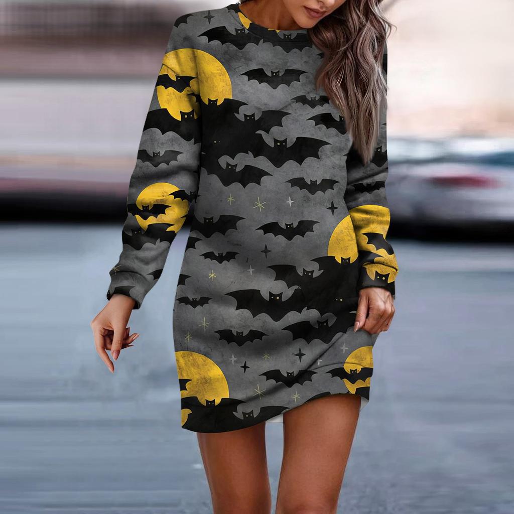 Women's Round Neck Halloween Long Sleeve Hip Dress Sweater Dress